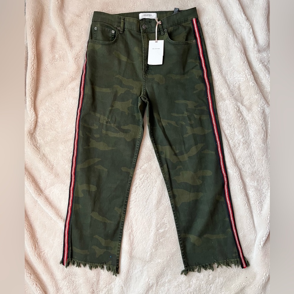 Zara High-Rise Camo Jeans with Red Side Stripe